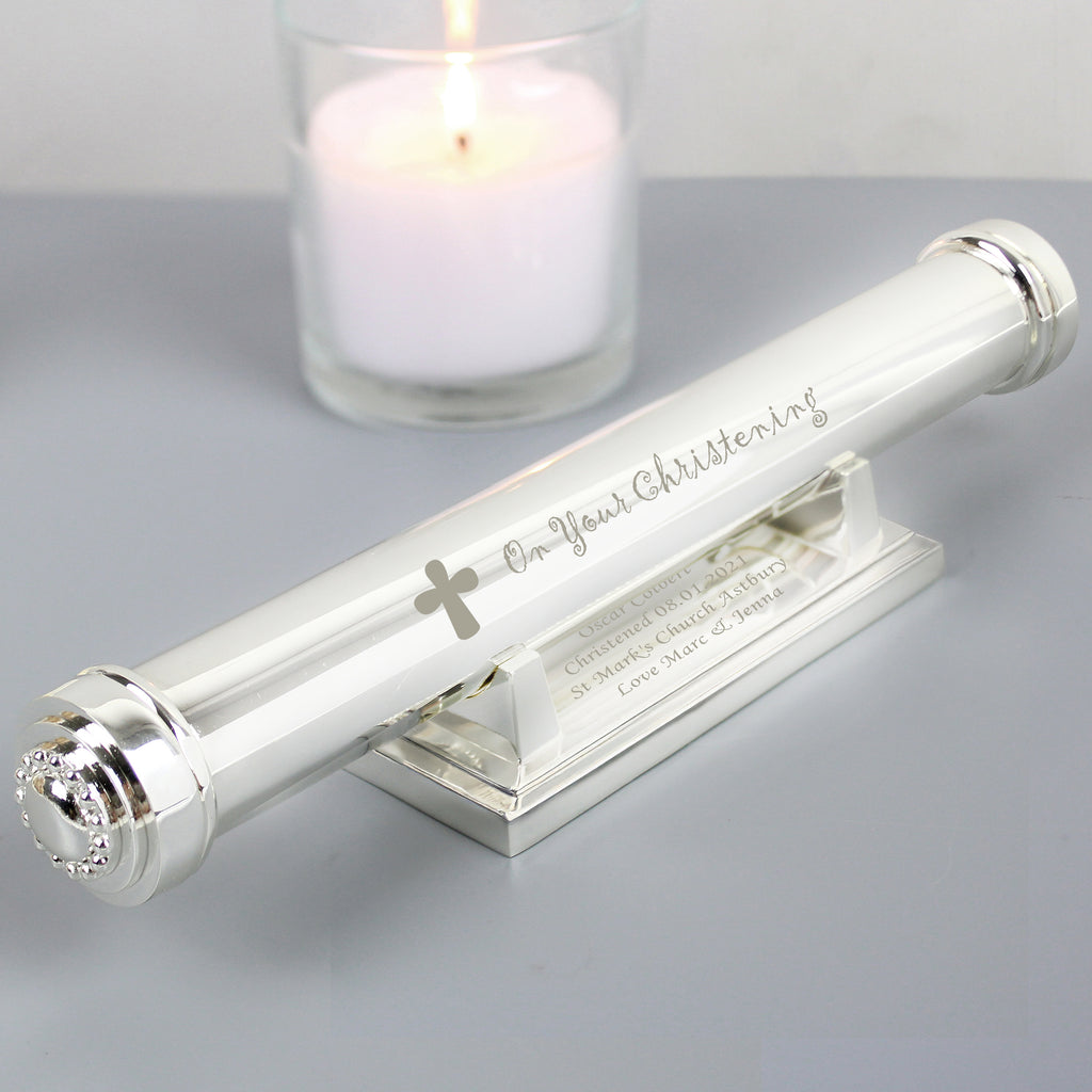 Personalised Christening Cross Silver Plated Certificate Holder