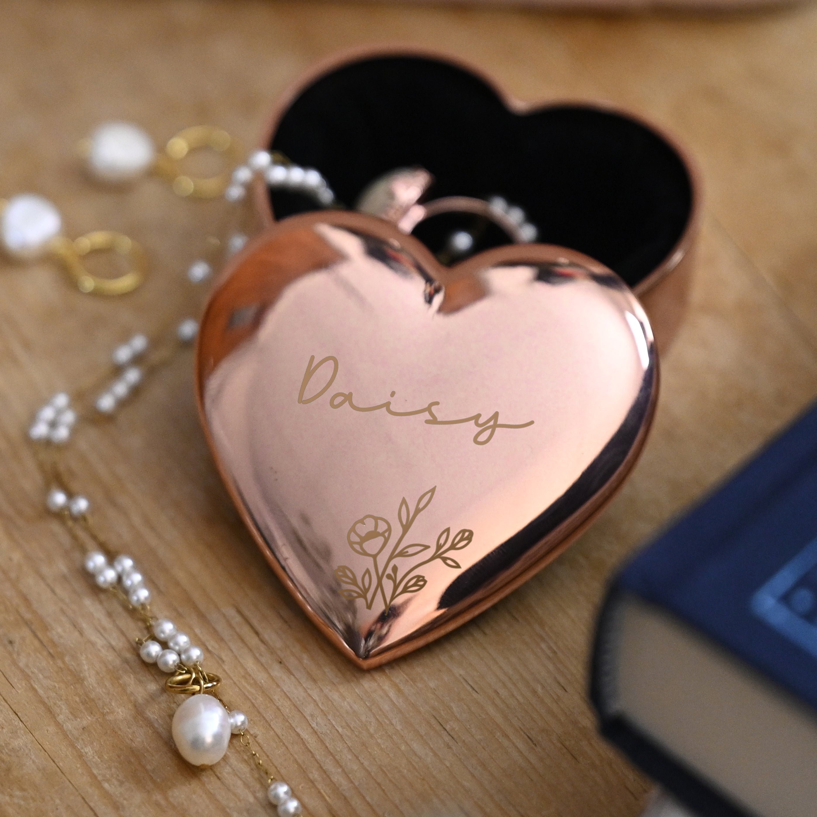 Personalised Floral Rose Gold Heart Trinket Box
