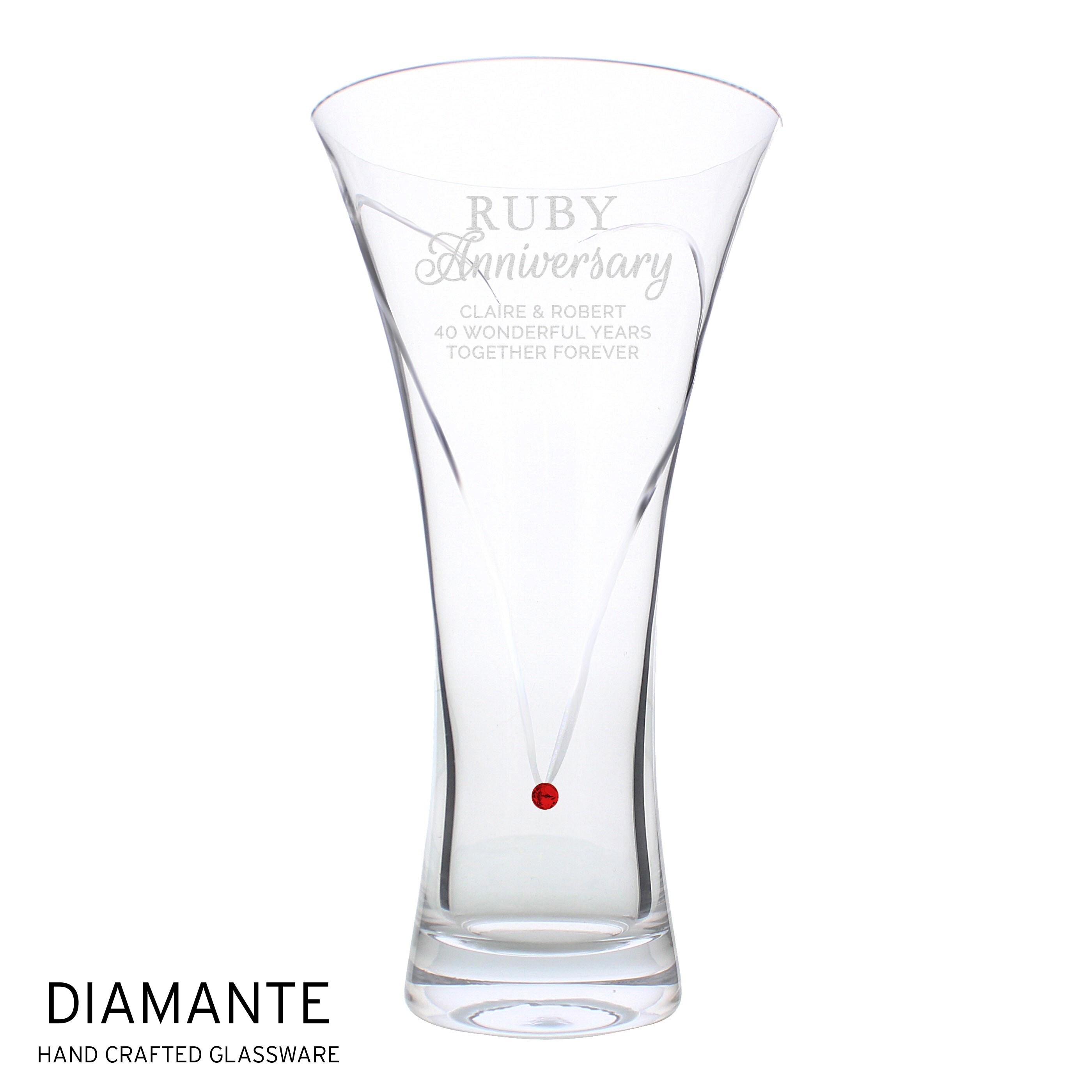 Personalised Ruby Anniversary Hand Cut Diamante Heart Vase