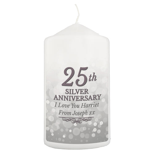Personalised 25th Silver Anniversary Pillar Candle
