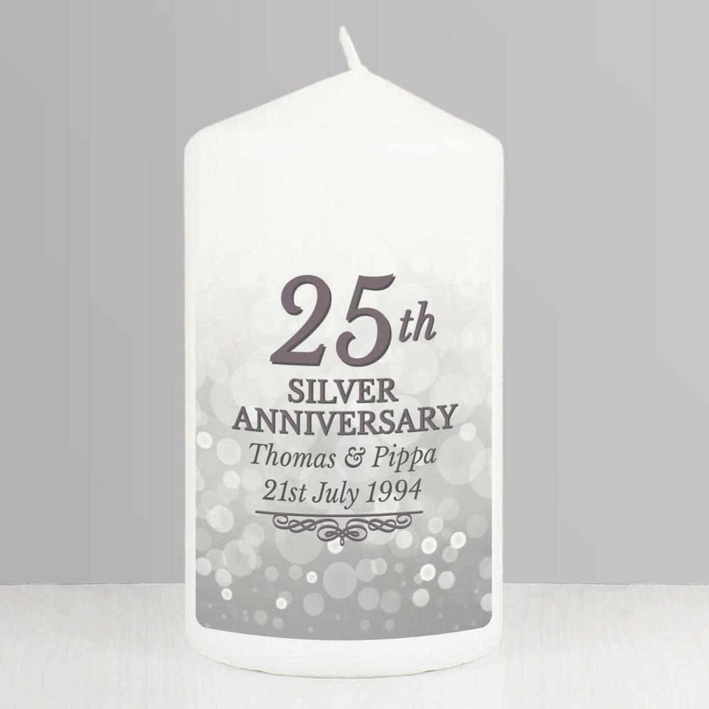 Personalised 25th Silver Anniversary Pillar Candle