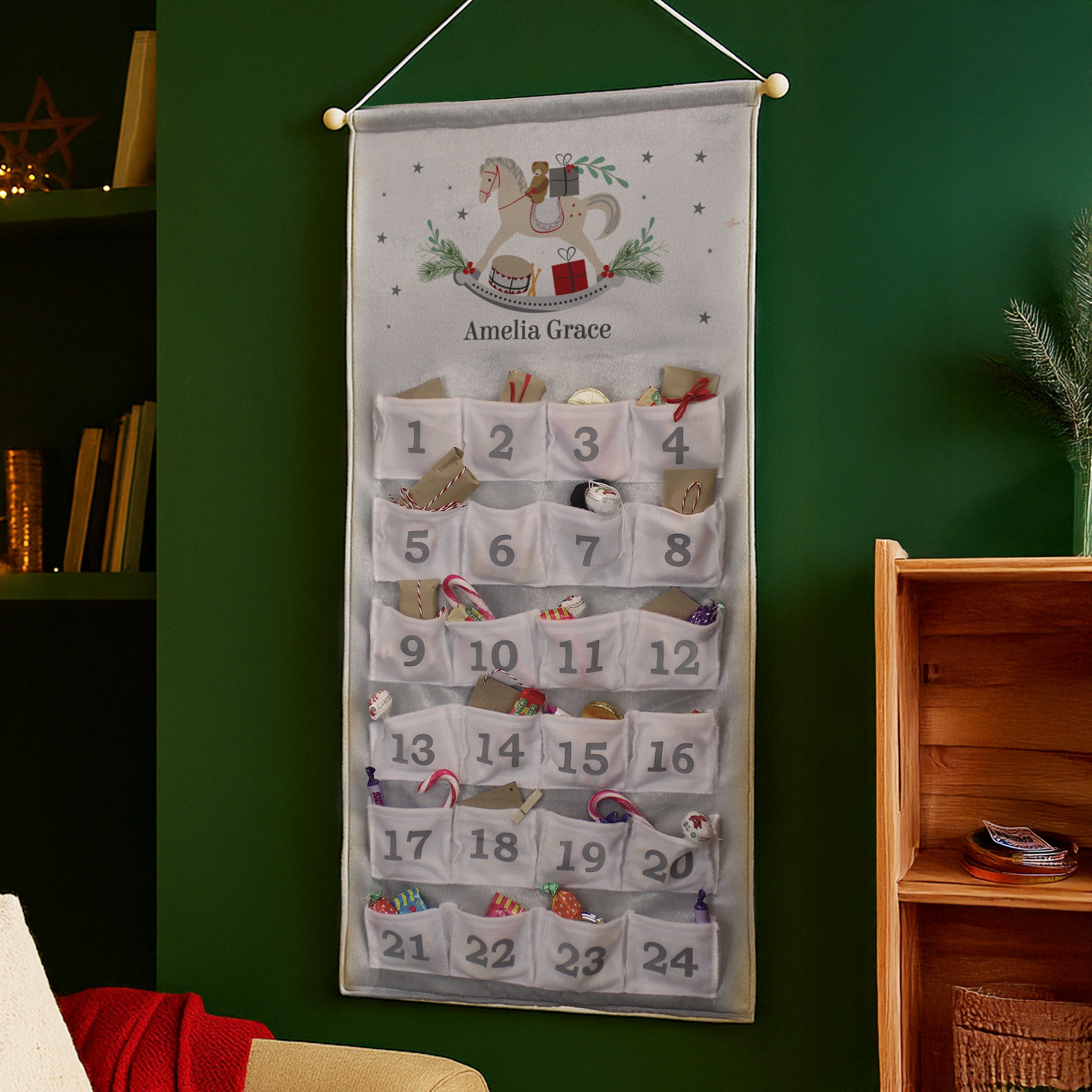 Personalised Rocking Horse Advent Calendar In Silver Grey