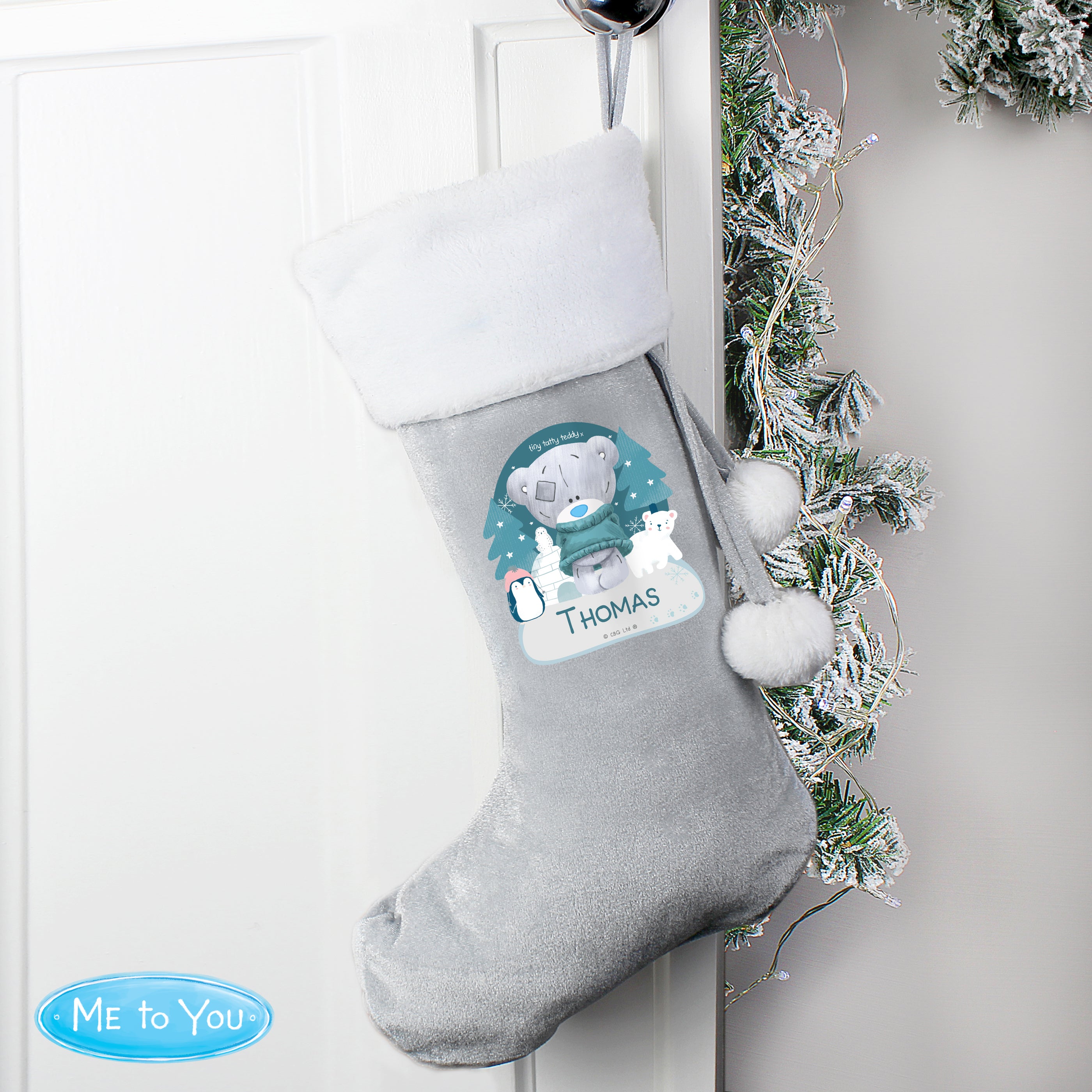 Personalised Christmas Tiny Tatty Teddy Silver Grey Stocking