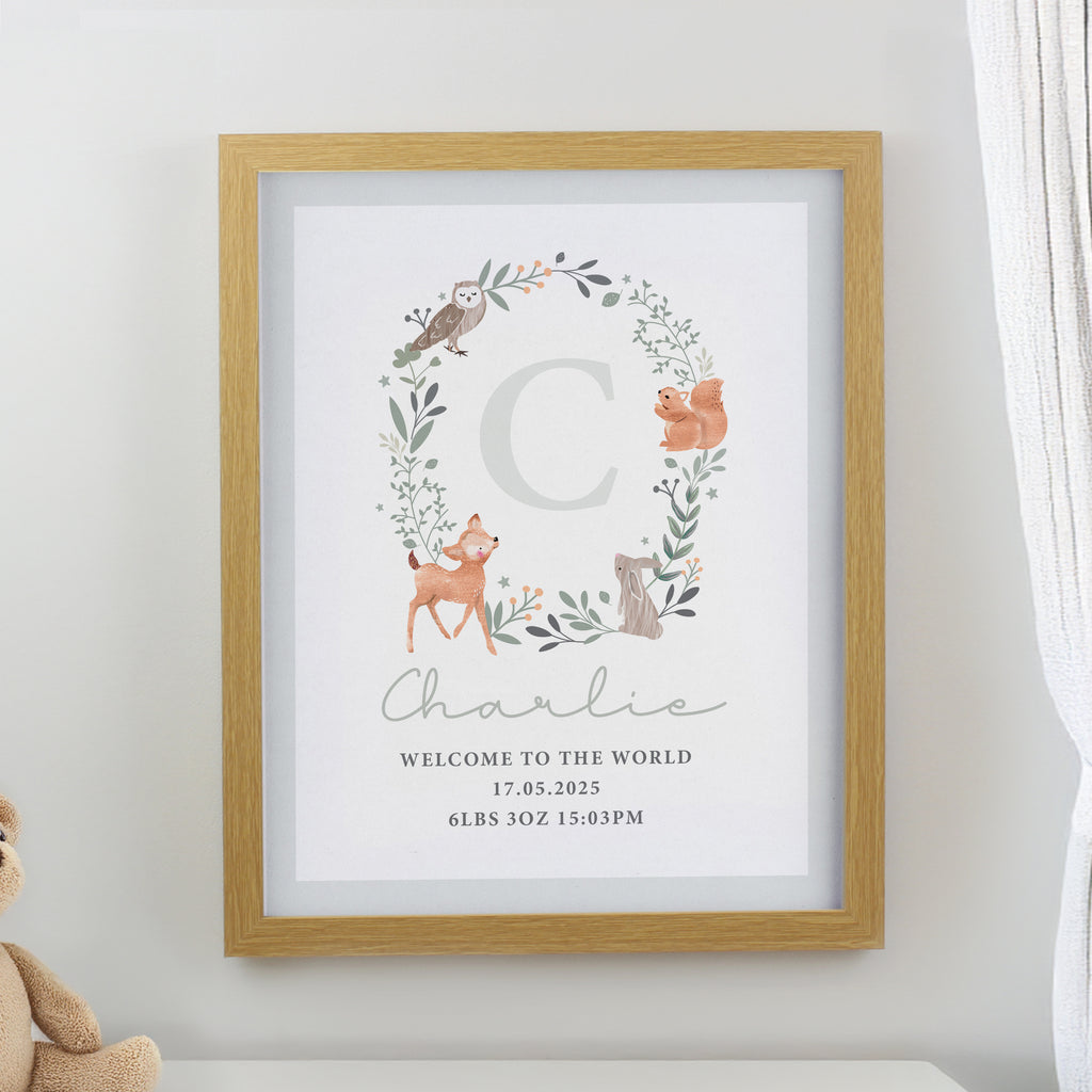 Personalised Woodland Initial Oak Poster Frame
