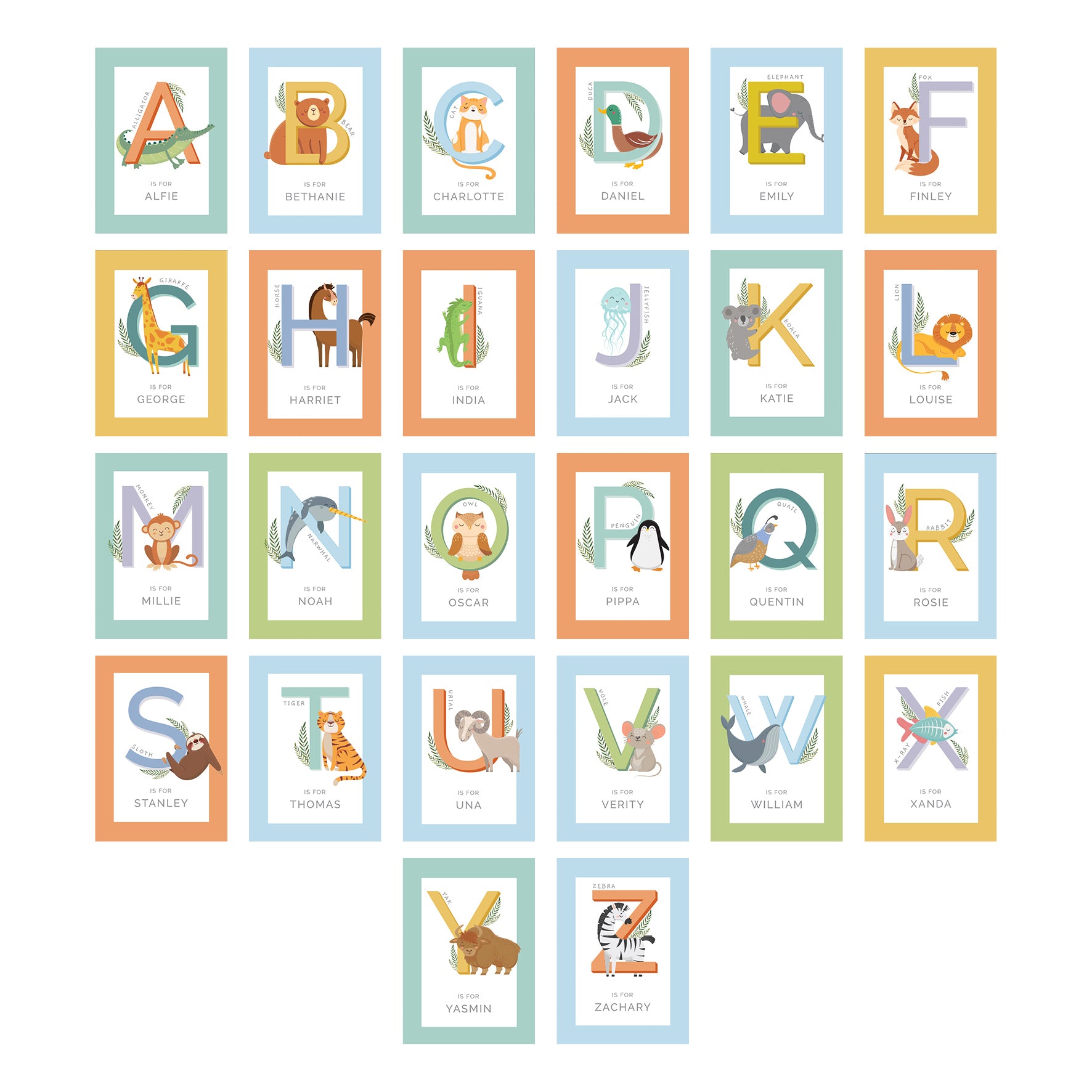 Personalised Animal Alphabet Black Poster Frame
