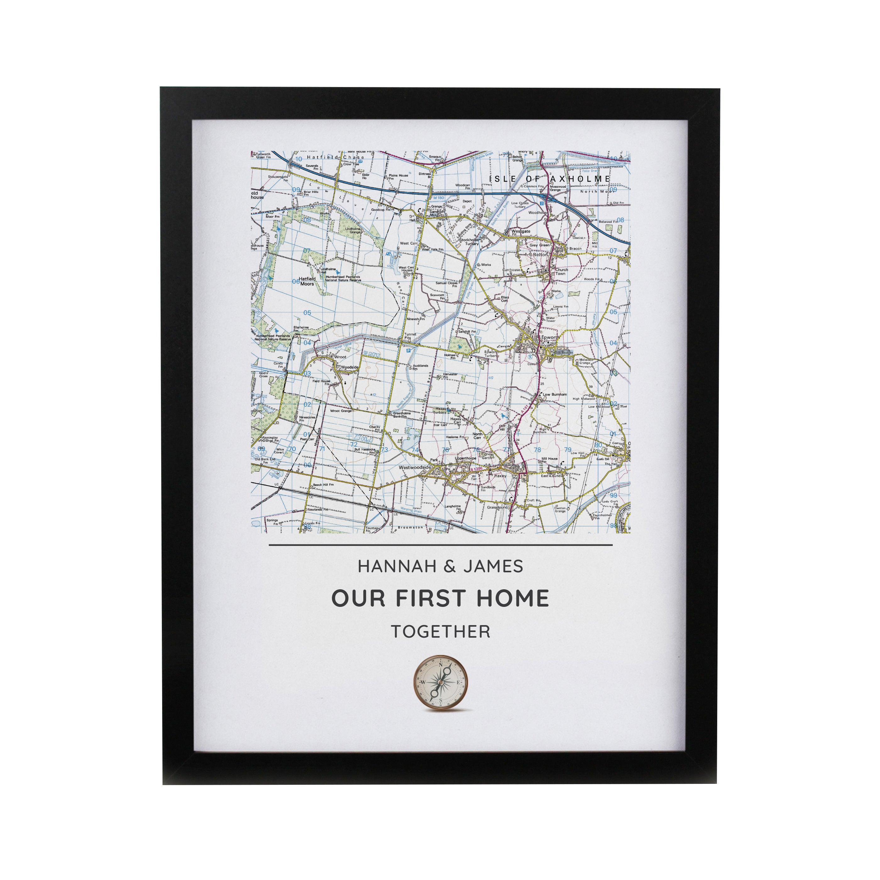 Personalised Present Day Map Compass Black Poster Frame