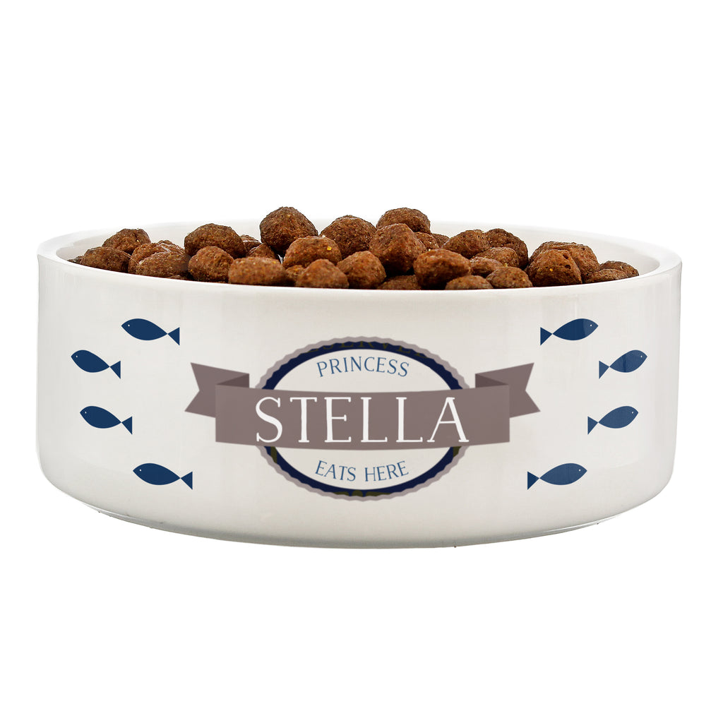 Personalised Blue Fish 15cm Medium White Pet Bowl