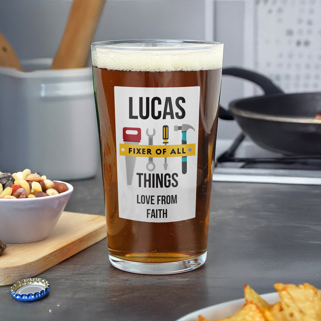 Personalised Fixer Of All Things Printed Beer Glass