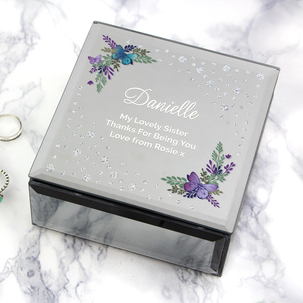 Personalised Floral Butterfly Diamante Glass Trinket Box