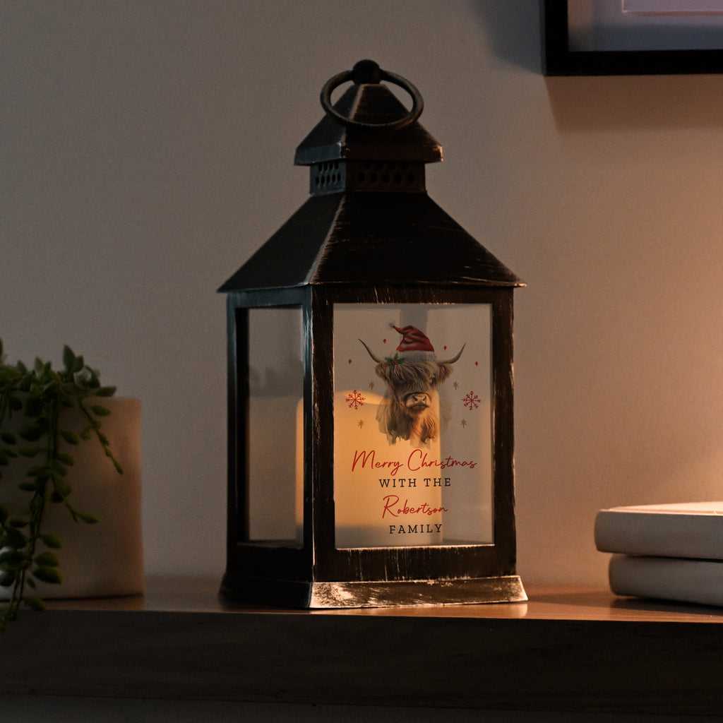 Personalised Highland Cow Christmas LED Lantern