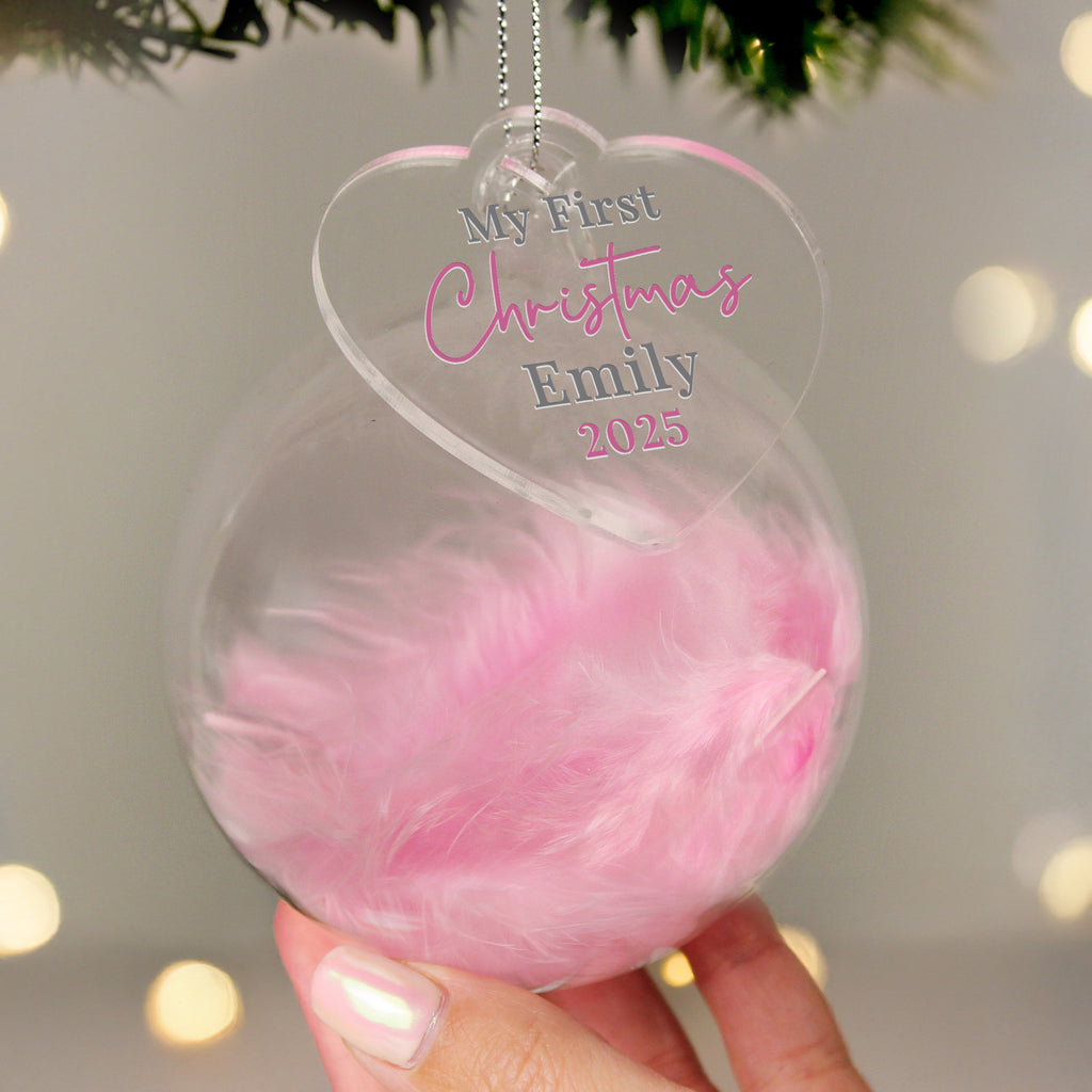 Personalised My 1st Christmas Pink Feather Bauble