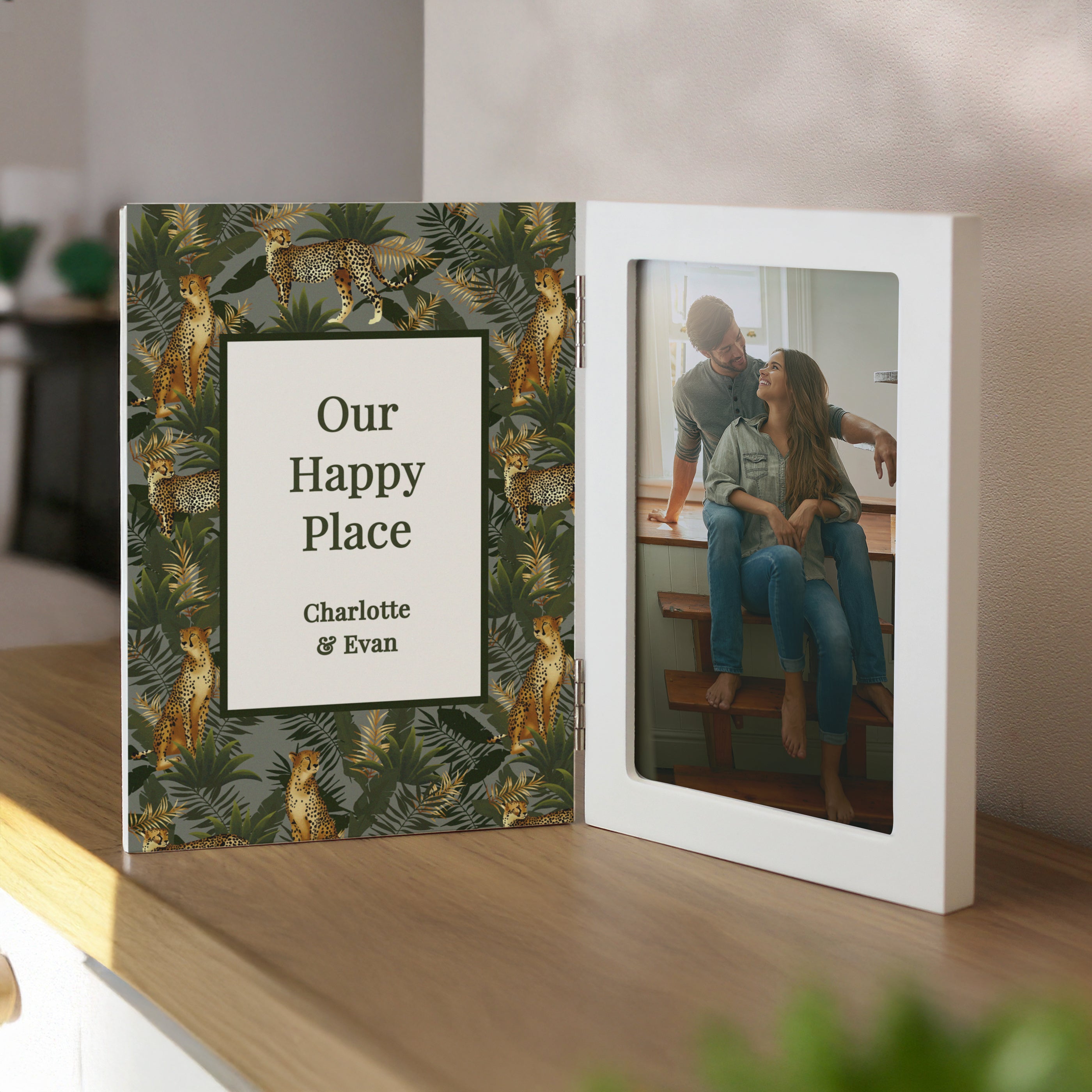 Personalised Leopard Print Wooden Hinged 6x4 Photo Frame